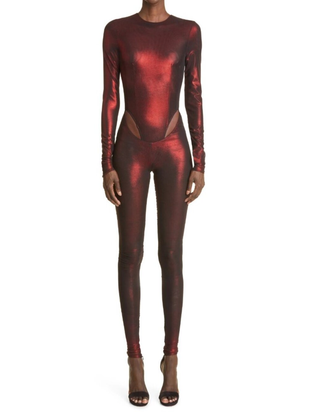 $1295 LaQuan Smith Women's Cut Out Hip Mesh Jumpsuit Catsuit in Oxblood Size L